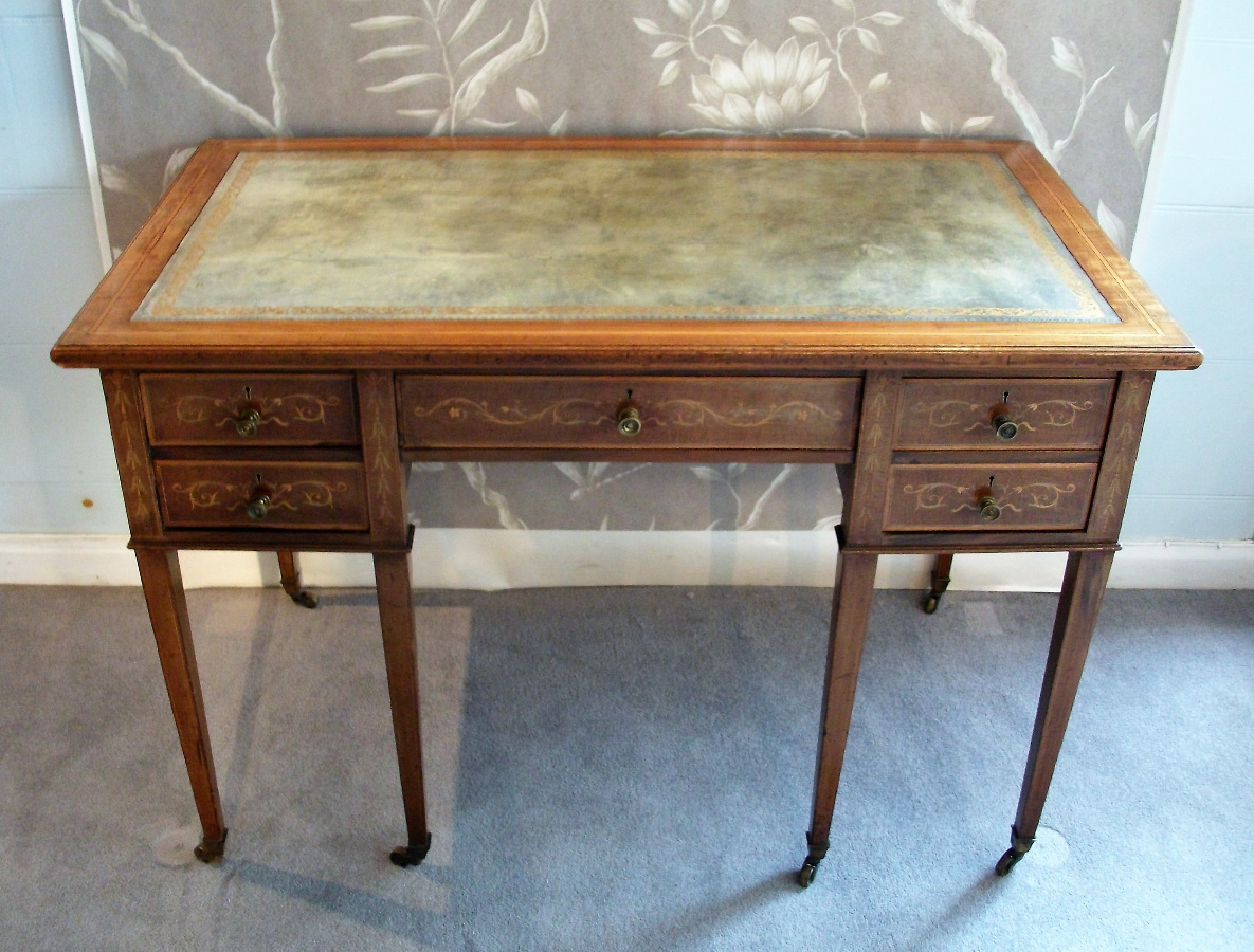 mahogany inlaid writing /dressing table with sage leather top